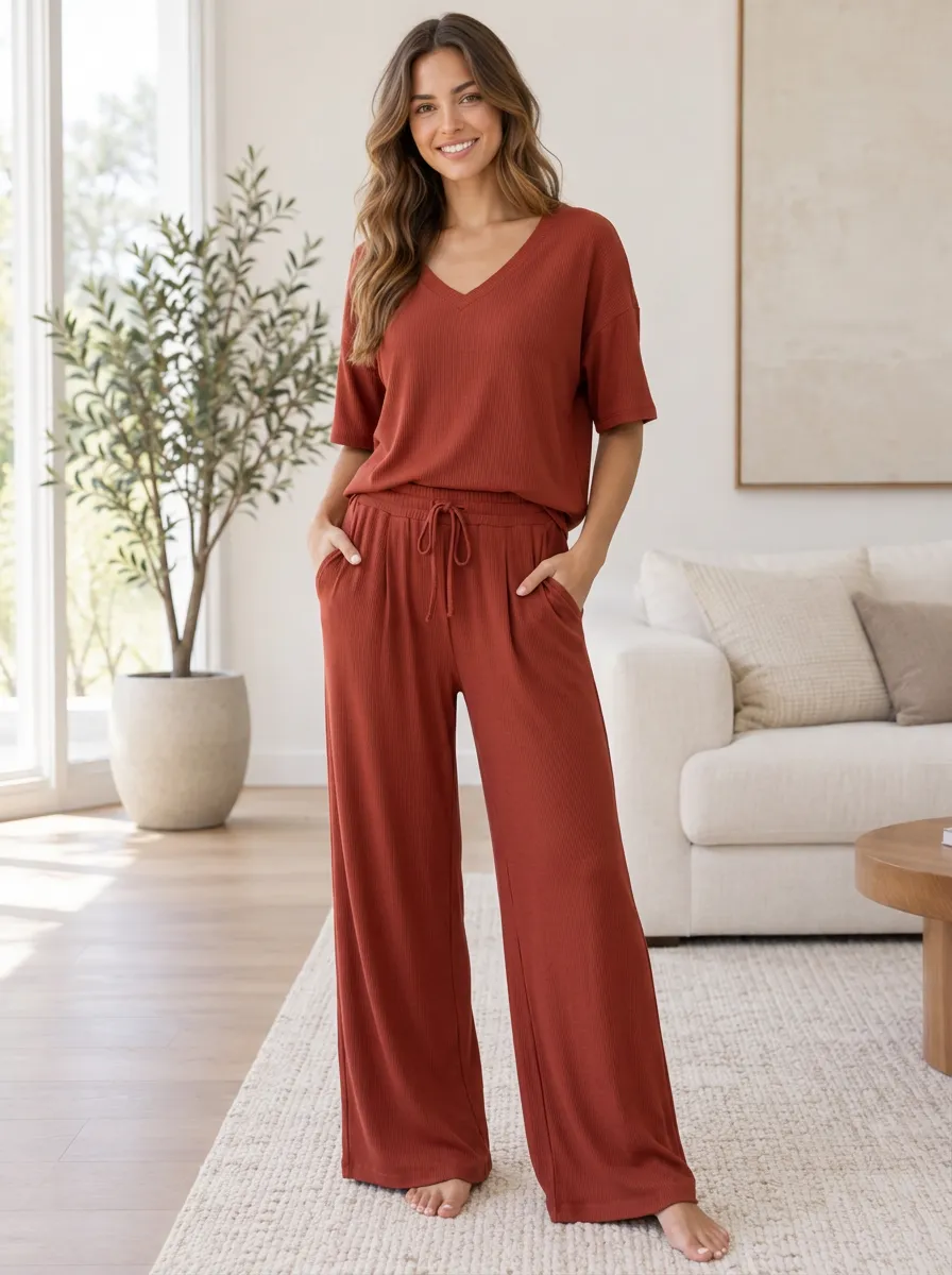 Women's Ribbed Versatile Homewear Wide Leg Lounge Set