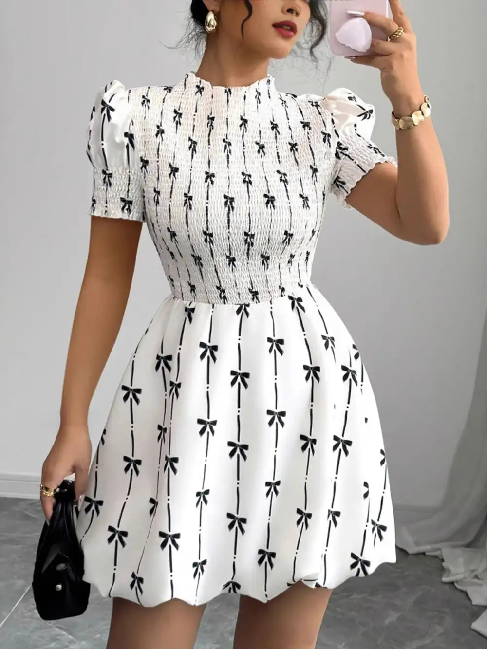 Wearable Cut Printed Smocked Short Sleeve Dress