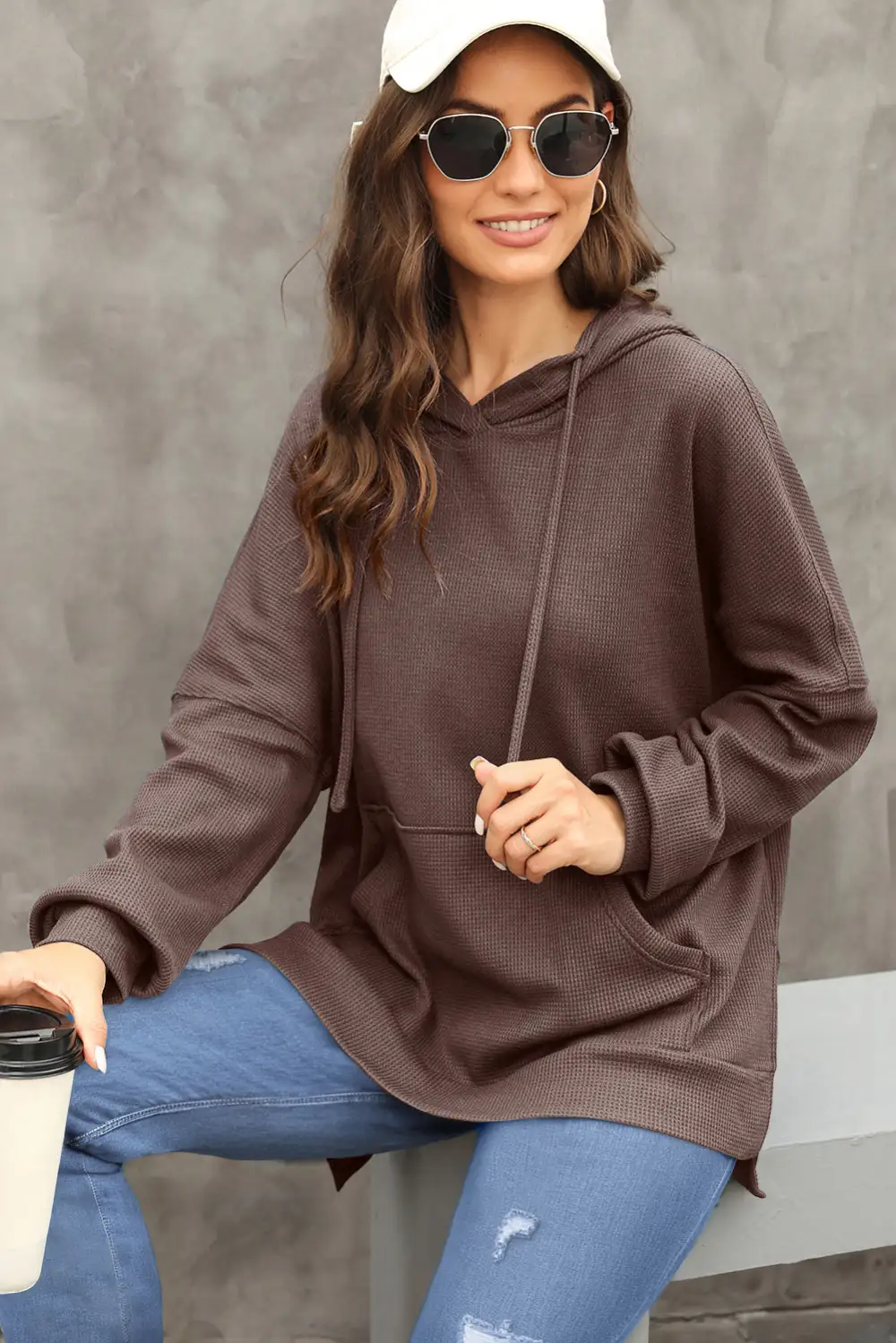 Modern Waffle Knit Fleece Lined High Low Oversized Hoodie