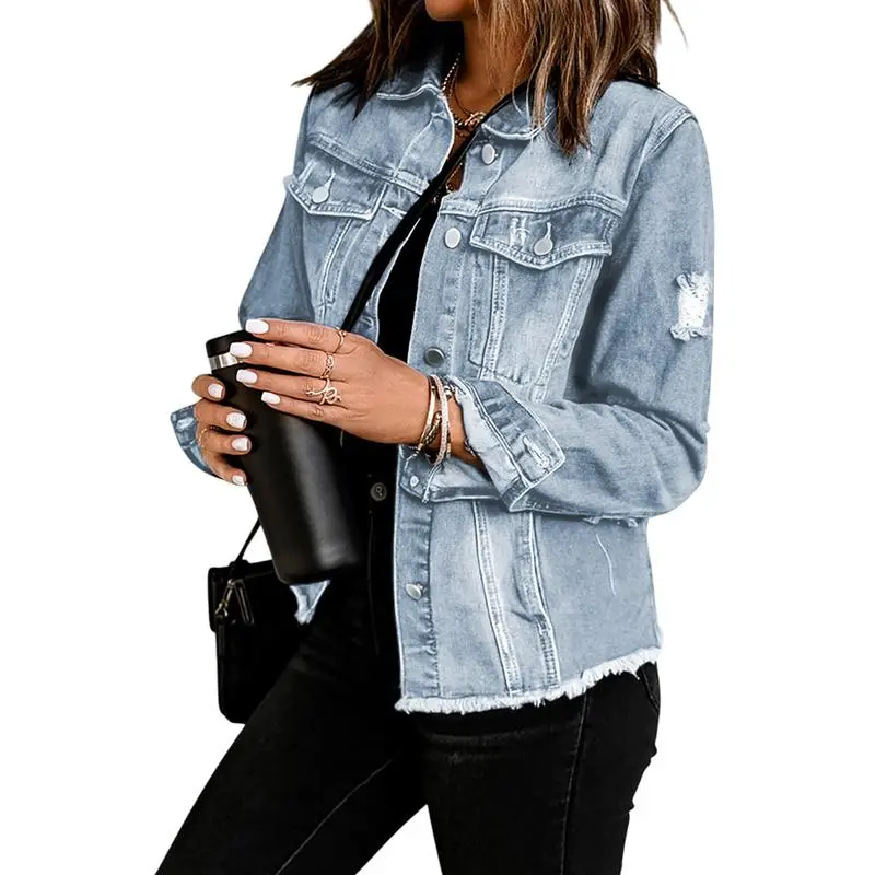 Women's Jean Jackets Casual Non Stretch Boyfriend Washed Coats Distressed Ripped Lapel Long Sleeve Denim Outwear Tops 2025 Womenswear Fall Winter Outfits Fitted Basic