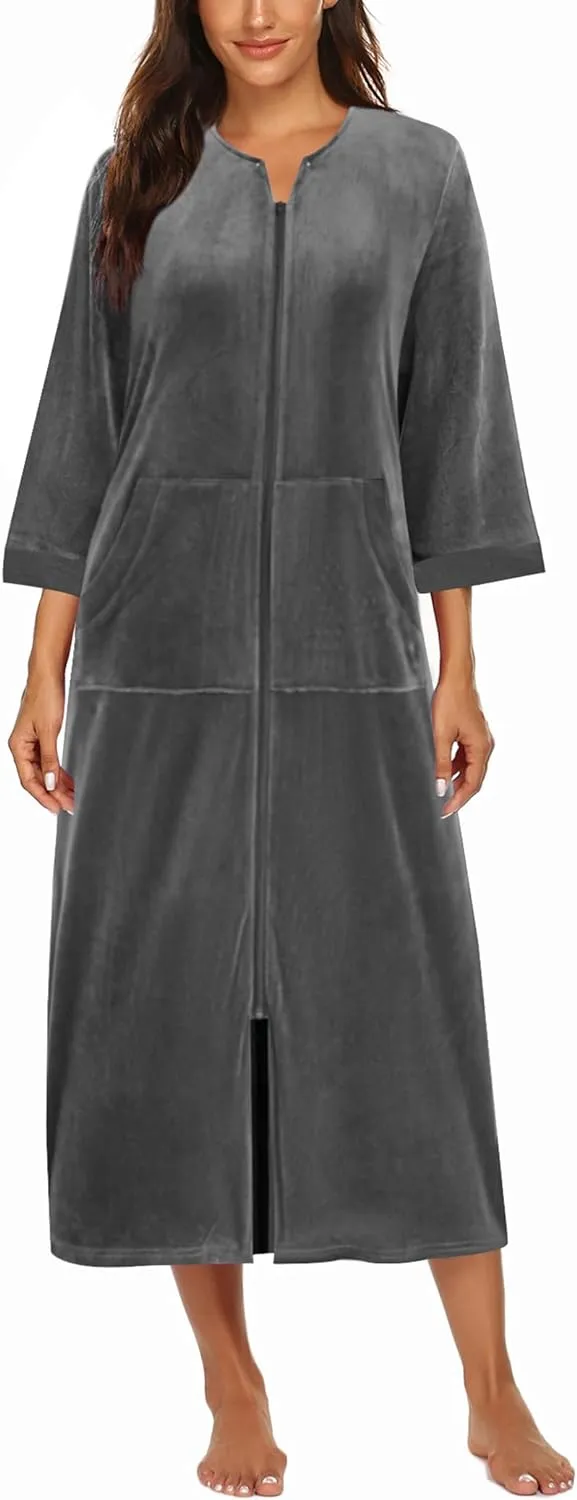 50% OFF Women Zipper Robe 3/4 Sleeves Loungewear Dress Full Length Sleepwear Pockets Housecoat Nightgown Long Bathrobe