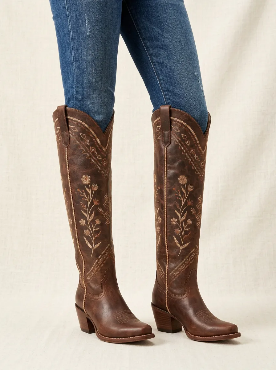 Women's Western Floral Geometric Embroidered Piped Pointed-Toe Block-Heel Denim Over-the-Knee Boots