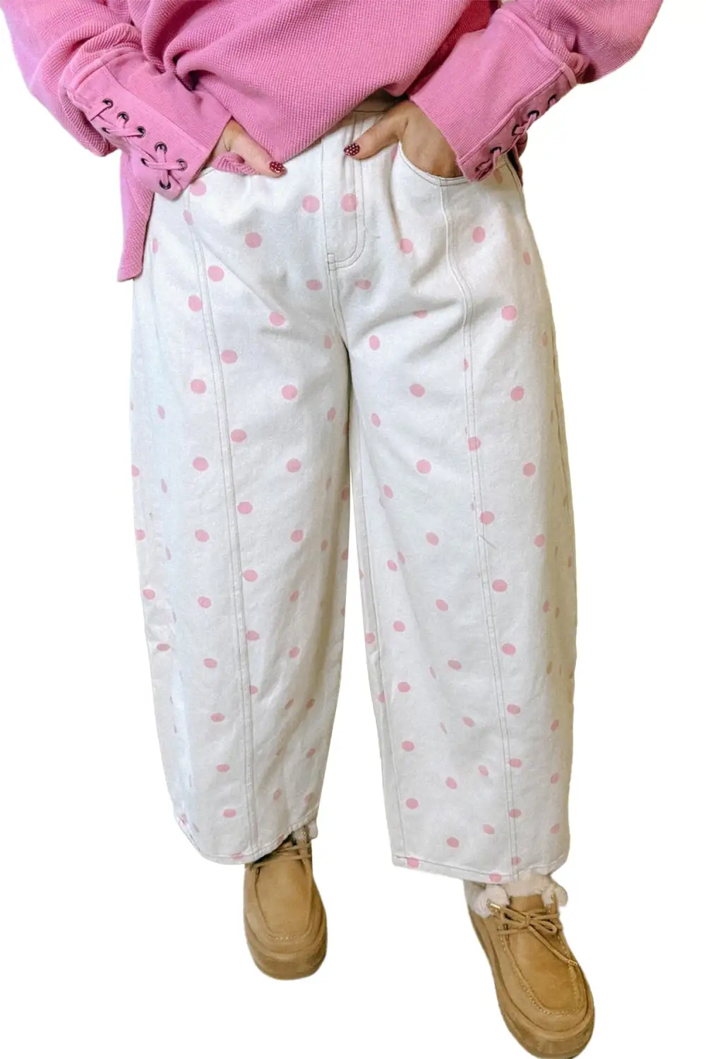 Polka Dot Print Seam Detail Barrel Jeans