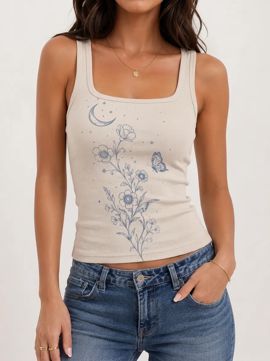 Women's Floral Butterfly Fitted Square Neck Tank