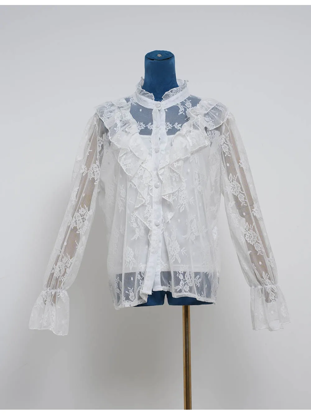 Boho Sheer Lace Ruffle Trim Button Front Blouse
