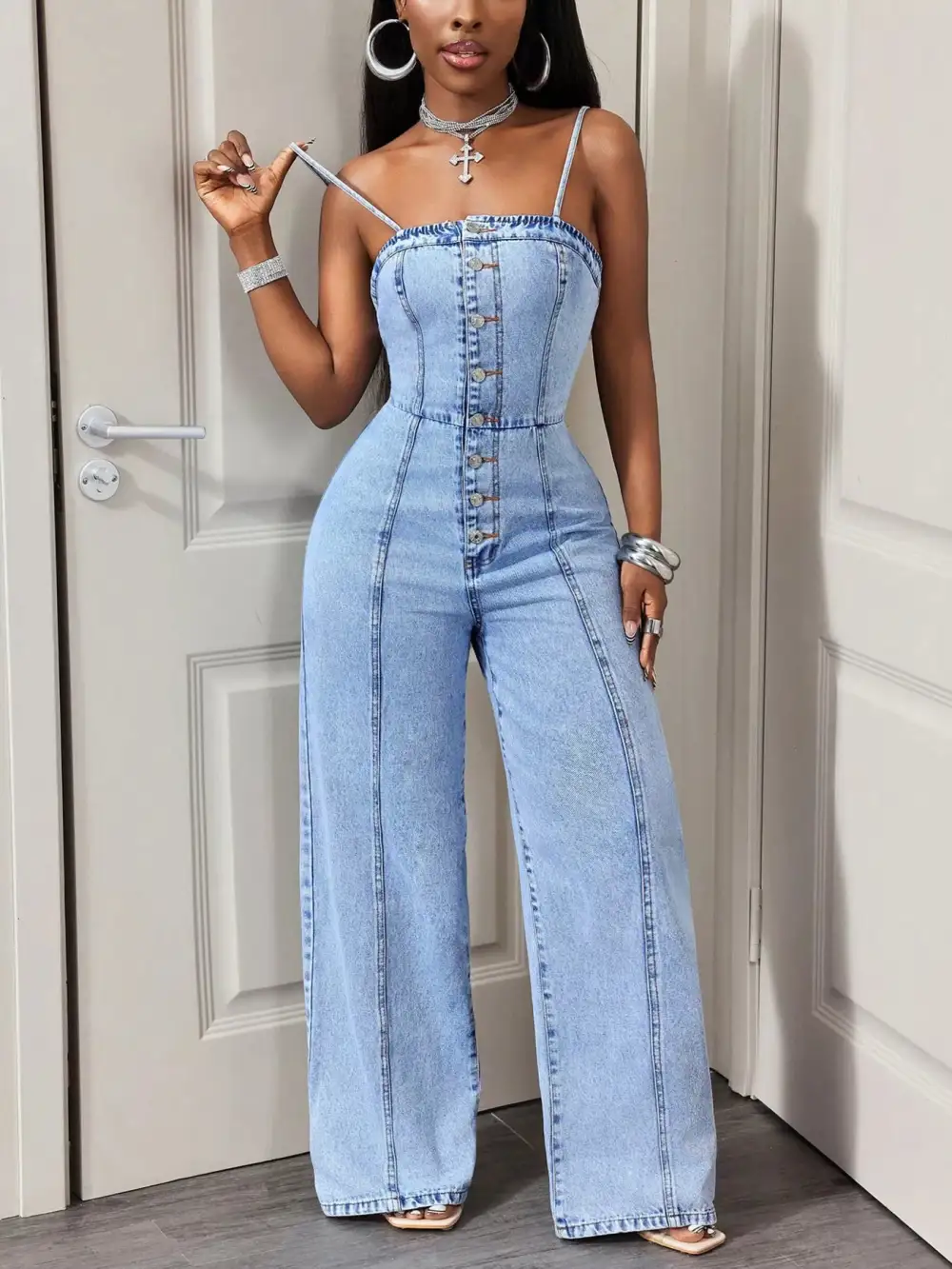 Button Down Wide Leg Jumpsuit Denim Pants