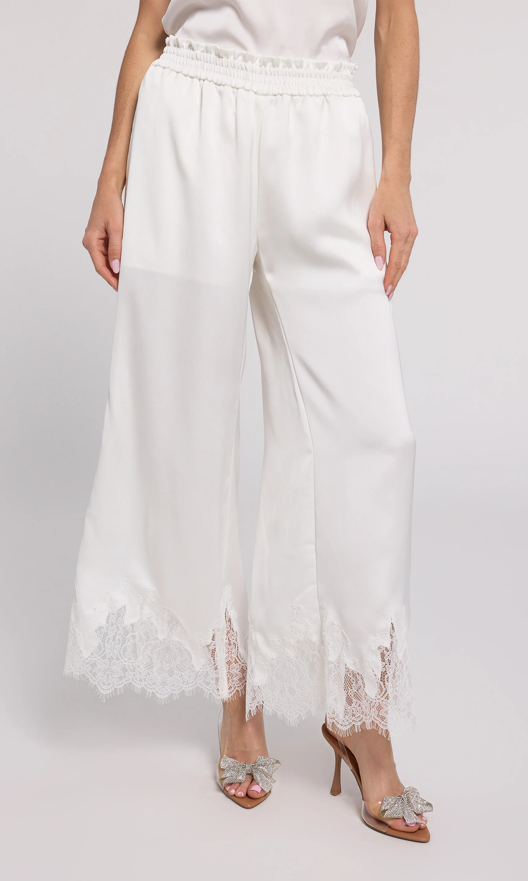 White Lace Panel Satin Pants