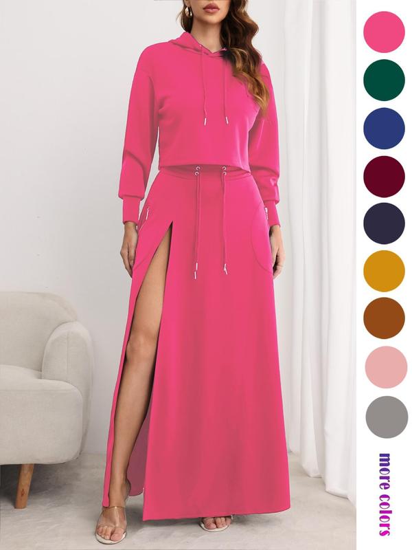 Women'S Solid Drawstring Hoodie & Split Thigh Skirt Set, Long Sleeve Top & Pocket Long Skirt, Casual Fashion Cozy Co-Ord Set, Women Clothes