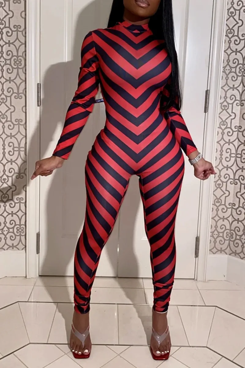 Casual Striped Split Joint Half A Turtleneck Skinny Jumpsuits