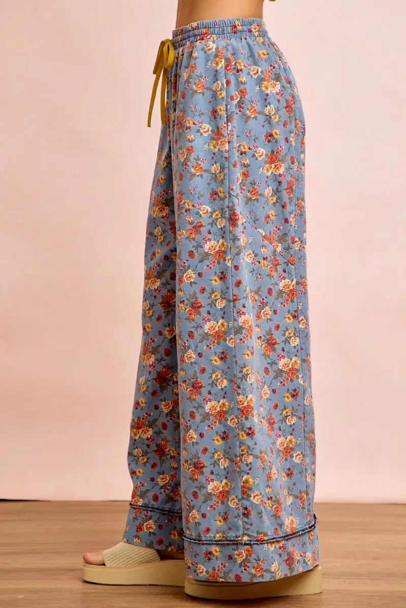 Sequin Floral Print Wide Leg Relaxed Fit Pants