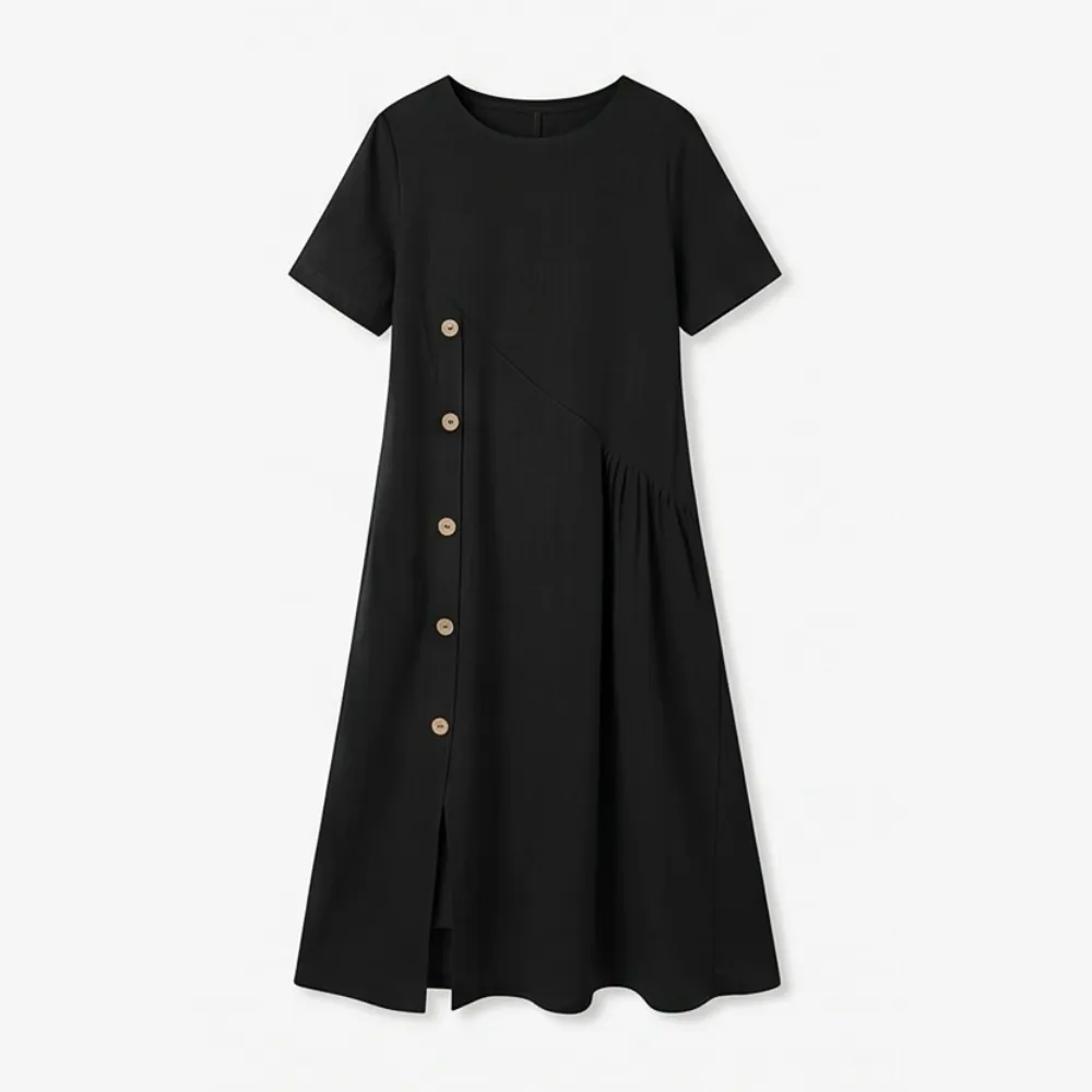 Button Front Linen Blend Cotton Blend Midi Dress