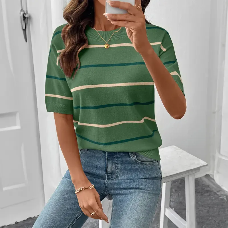 Women'S Short-Sleeved Striped Sweatshirt For Spring And Summer