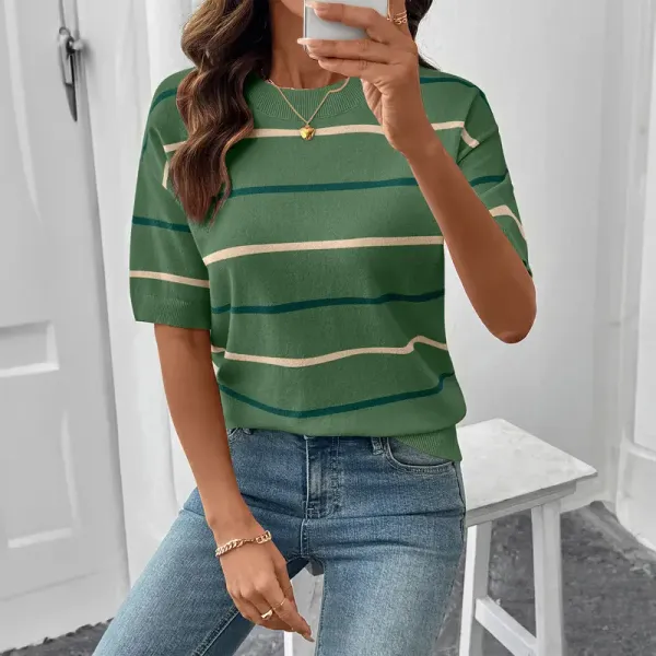 Women'S Short-Sleeved Striped Sweatshirt For Spring And Summer