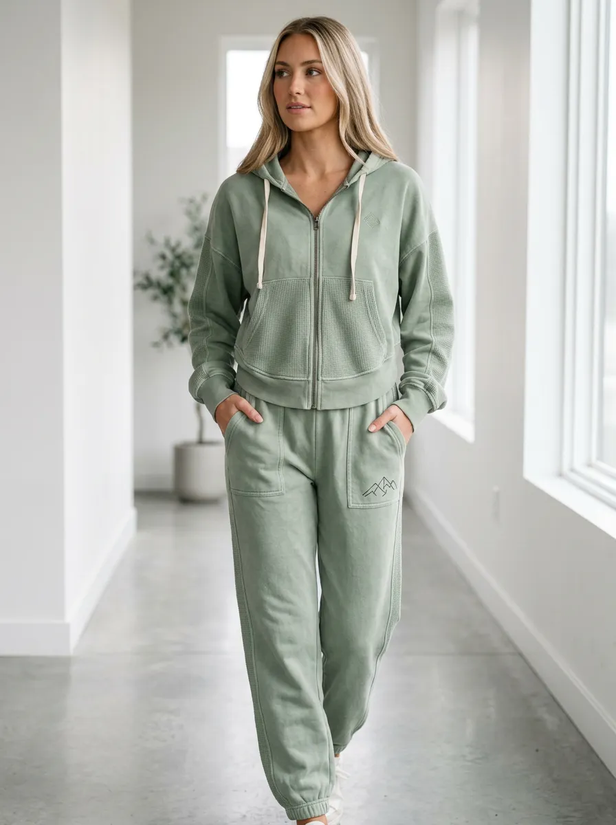 Women's Mountain Lover Sage Green Waffle Knit Printed Hoodie Jogger Set