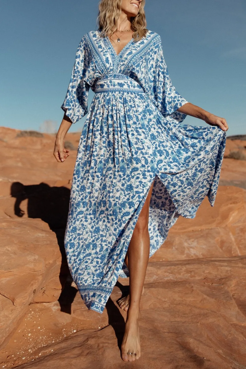 Blue Floral Slit High-Waisted  Dress