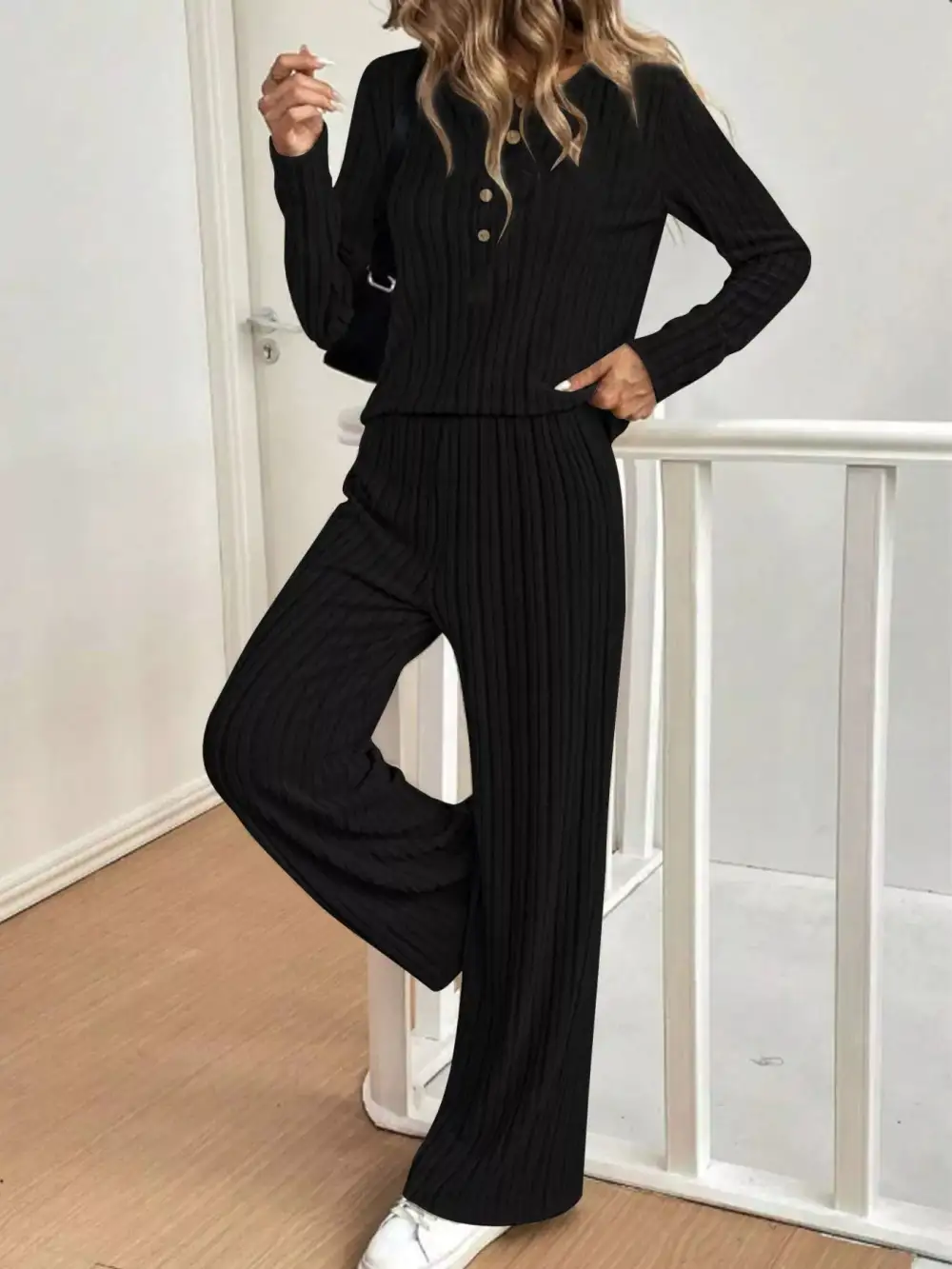 Plus Size Ribbed Knit Button Front Top and Pants Set