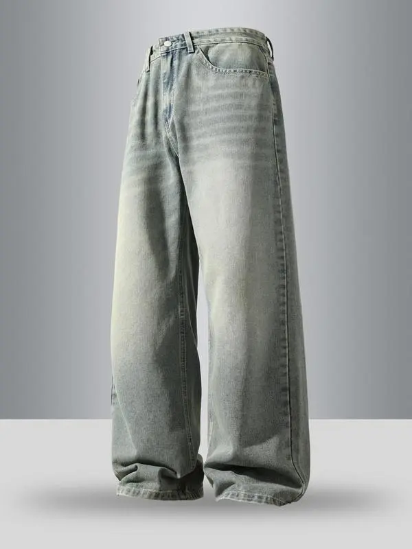 Men's Vintage Wash Pocket Wide Leg Jeans, Loose Casual Comfy Denim Pants for Daily Wear, Woven Bottoms for All Seasons