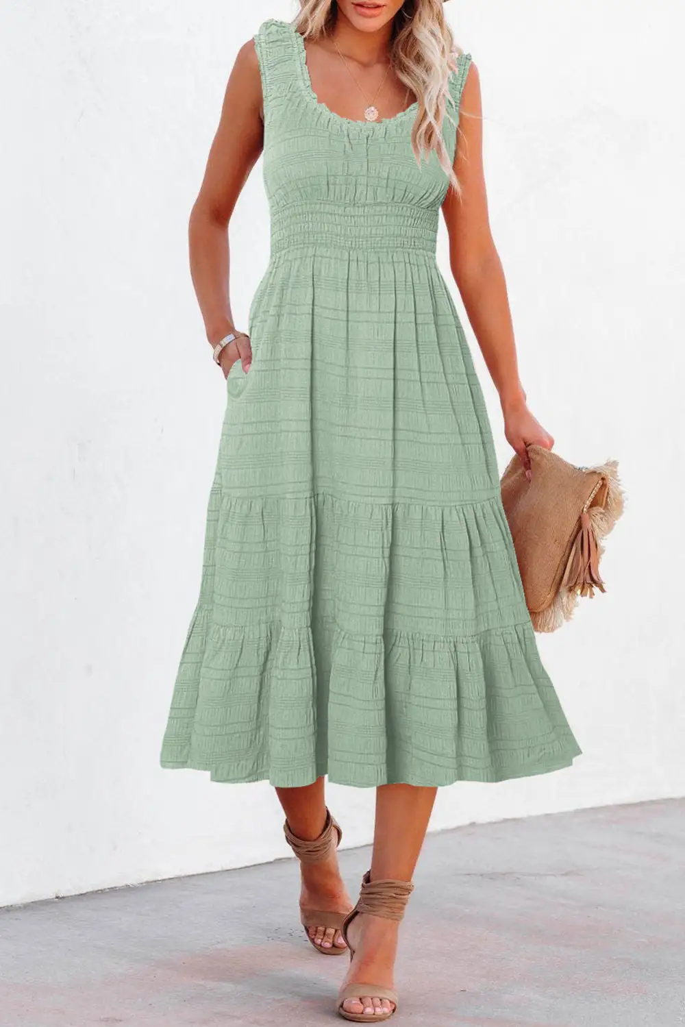 Soft Touch Square Neck Pleated Sleeveless Midi Dress