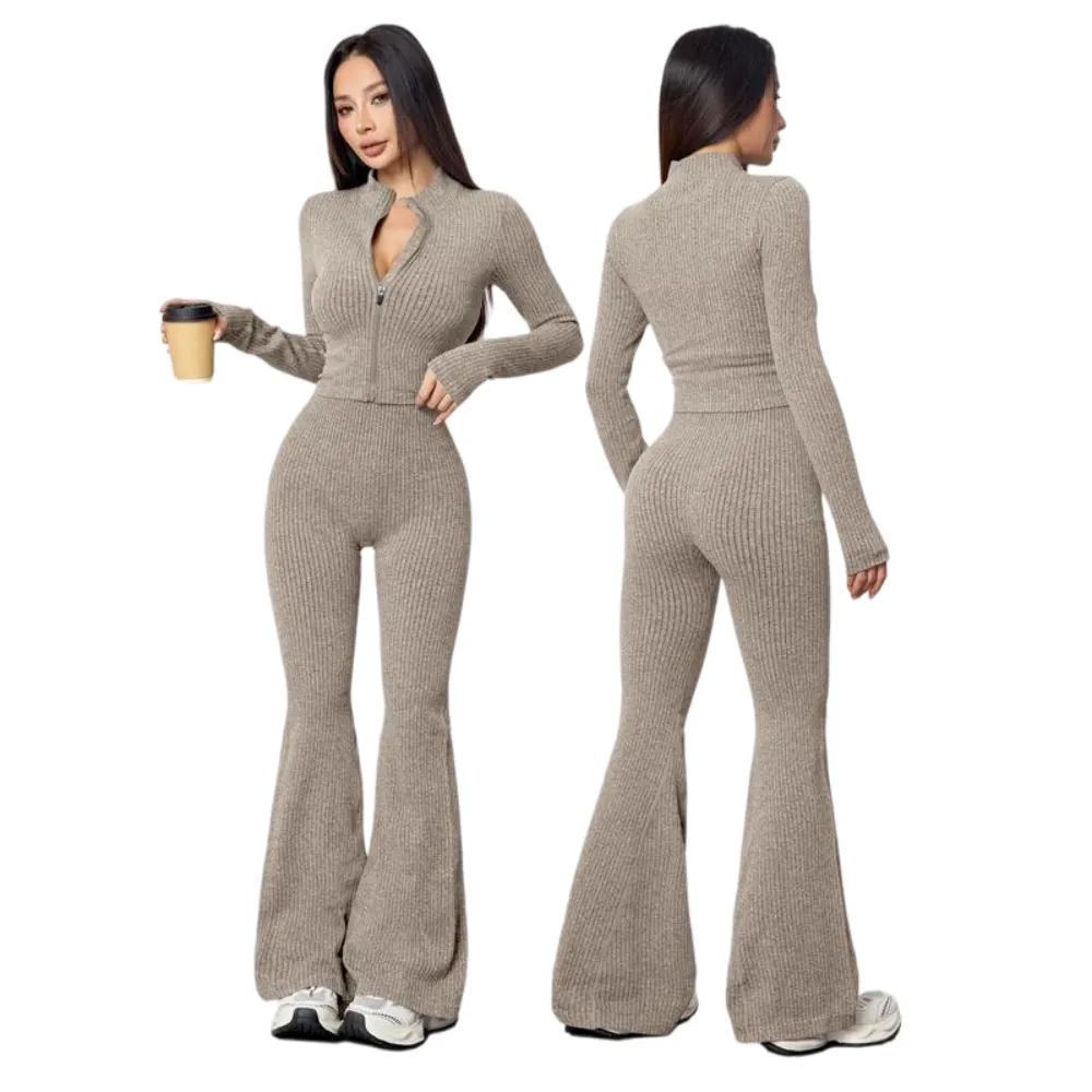 Women's Two-Piece Set, Autumn Winter Knit Ribbed Jacket & High-Waisted Flare Pants