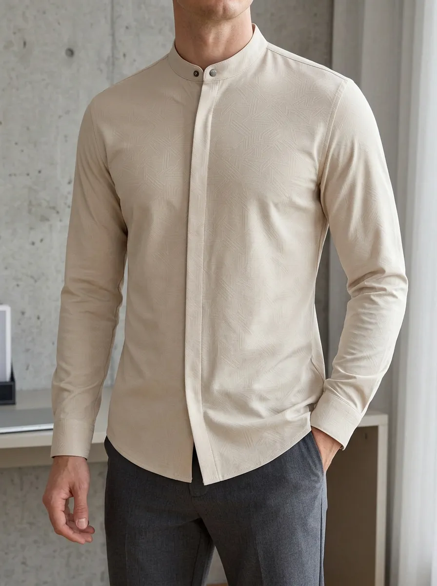 Men's Minimalist Geometric Pattern Slim Fit Mandarin Collar Shirt