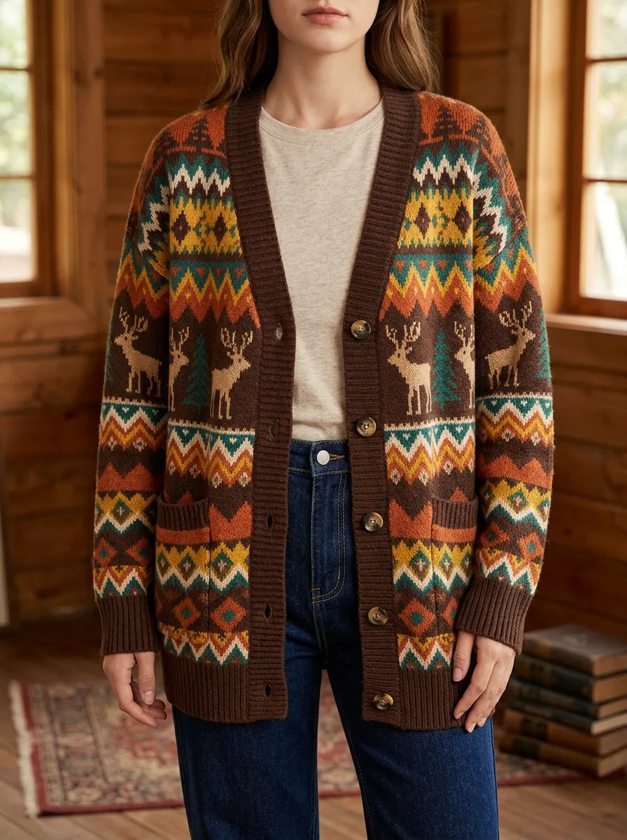 Women's Christmas Deer Fair Isle Pattern Printed V-Neck Relaxed Layering Cardigan