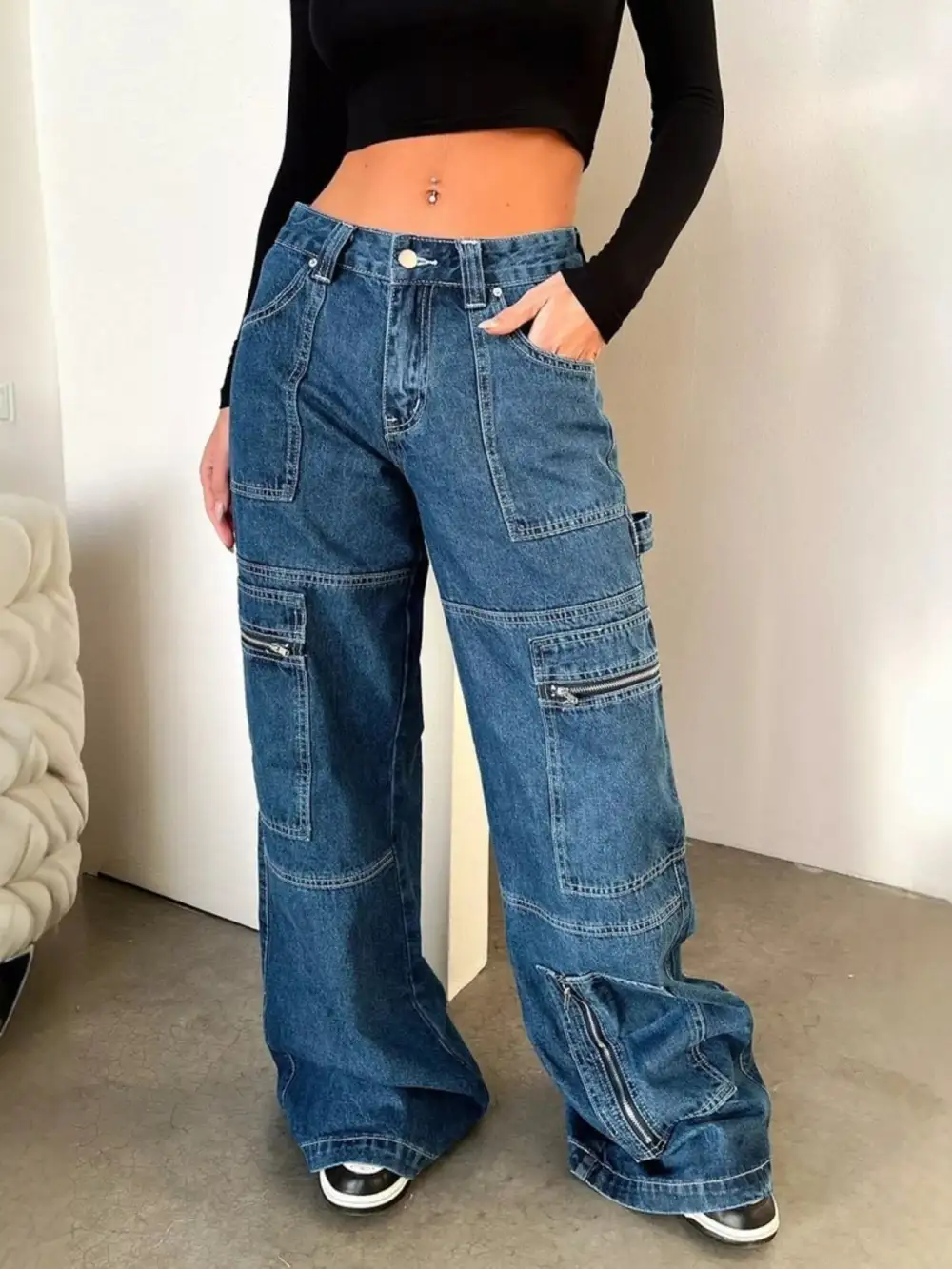 Wide Leg Pocketed Zip Denim Jeans
