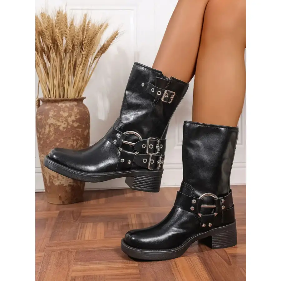 Elegant Round Toe Block Heels Boots