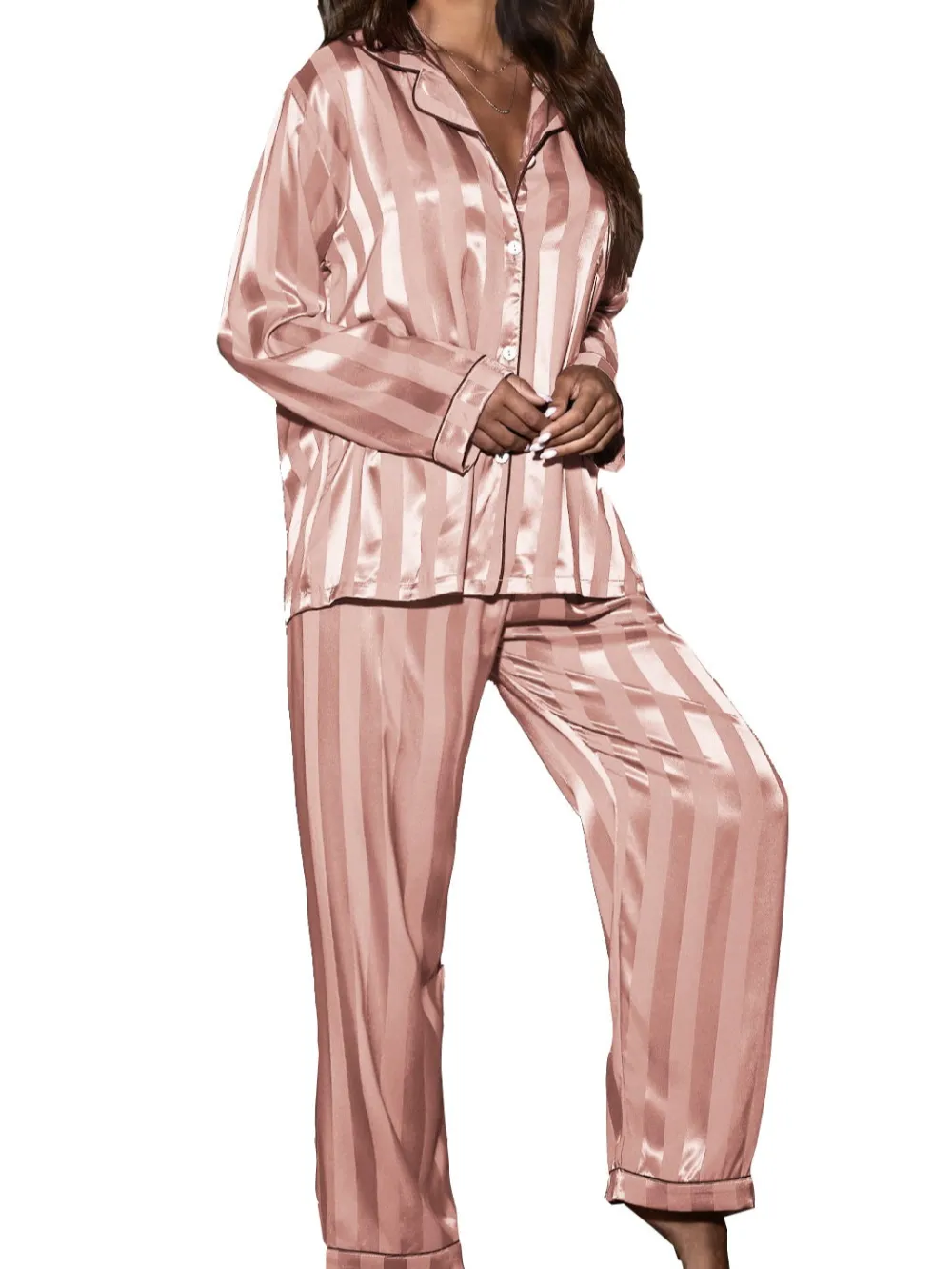 Silky Vertical Stripe Long Sleeve Pajama Set