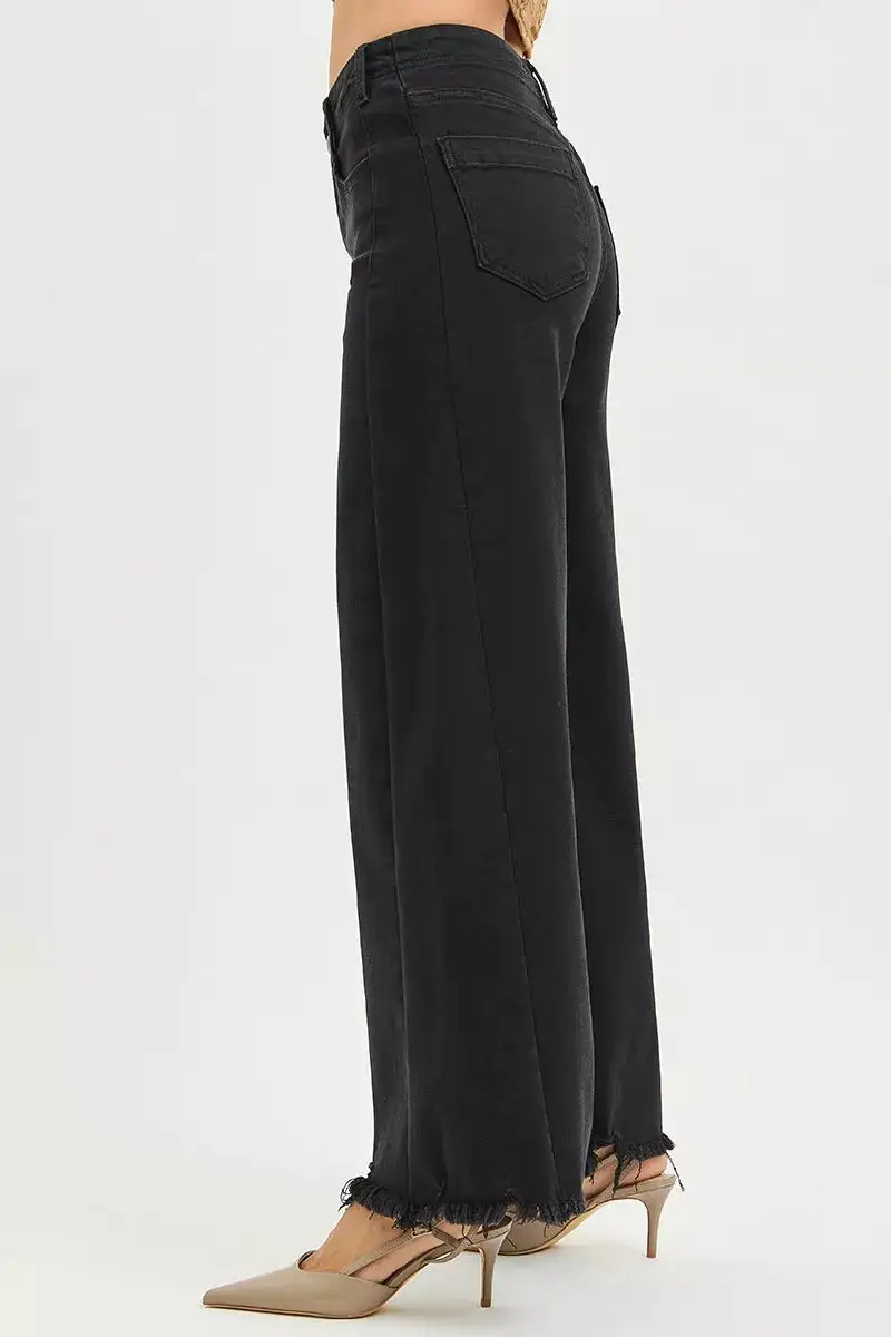 High Rise Frayed Hem Wide Leg Jeans