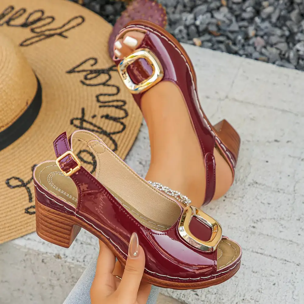 Textured Peep Toe Block Heels Sandals