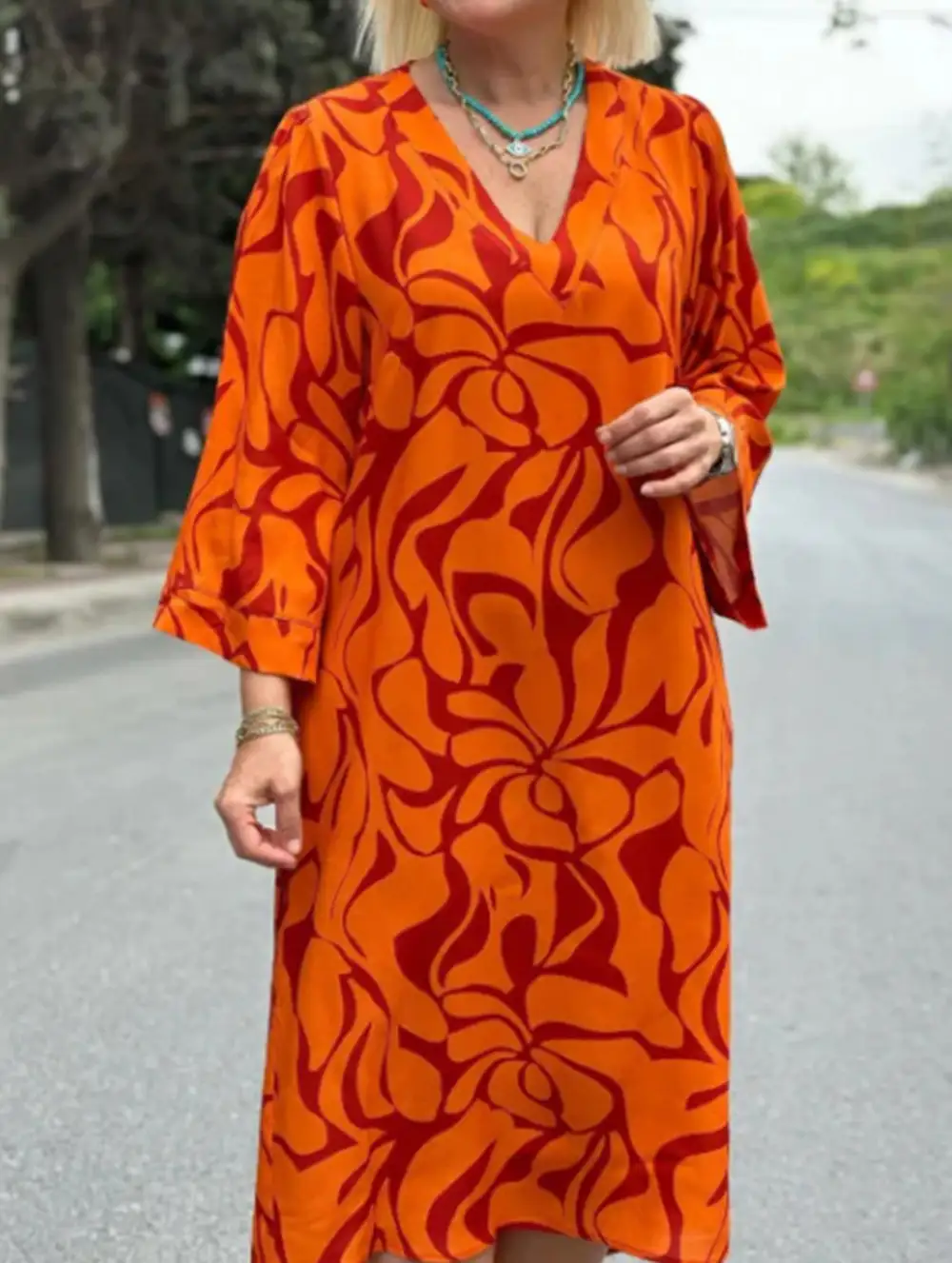 Textured Detail Swing Print Dress