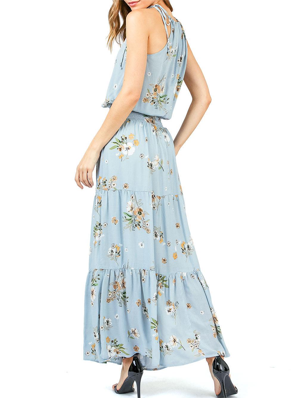 Light Blue Floral Halter Maxi Dress