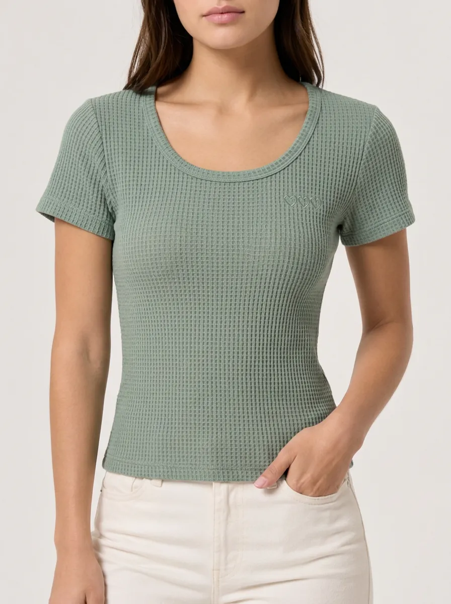 Women's Minimalist Heart Embroidered Sage Green Waffle Knit Top