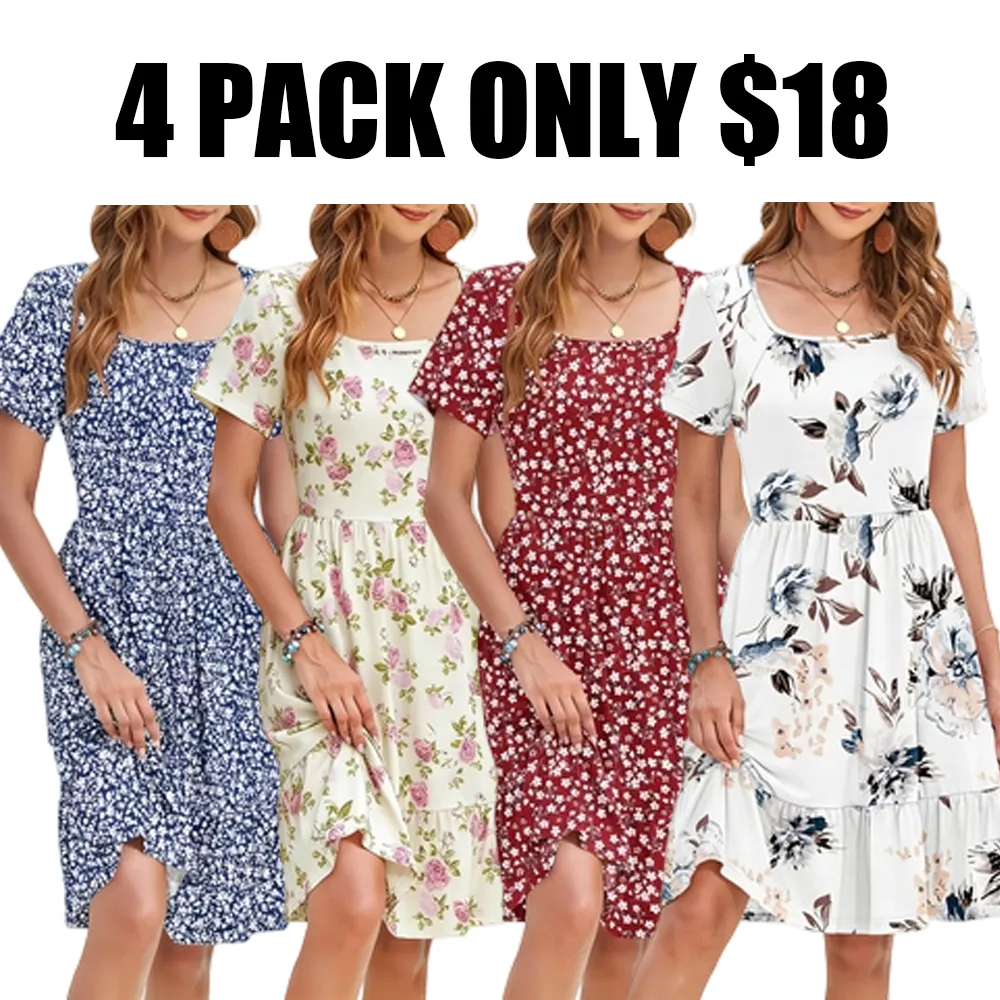 Women Square Neck Ditsy Floral Dress, Ruffle Empire Waist A-Line Sundress With Pockets
