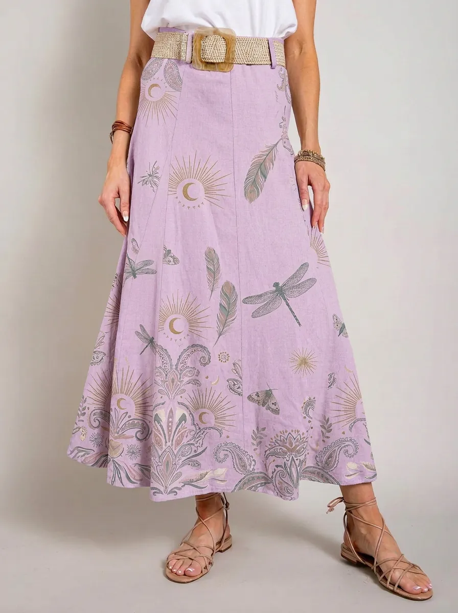 Women's Boho Celestial Dragonfly Feather Printed Midi Skirt