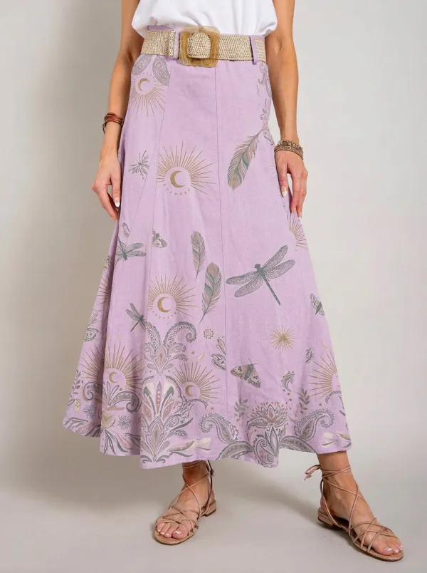 Women's Boho Celestial Dragonfly Feather Printed Midi Skirt