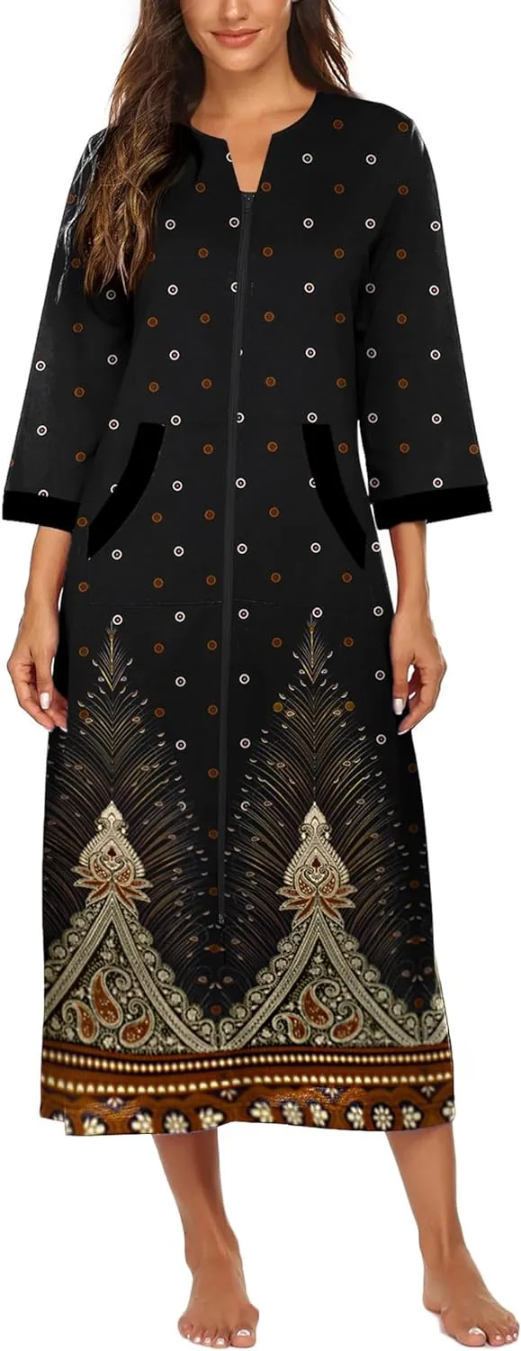 50% OFF Women Zipper Robe 3/4 Sleeves Loungewear Dress Full Length Sleepwear Pockets Housecoat Nightgown Long Bathrobe