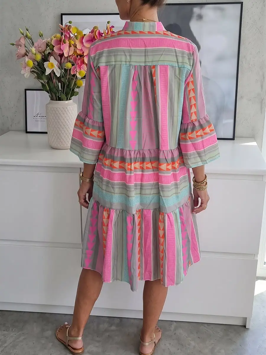 A Line Relaxed Contrast Color Printed Split Joint V Neck Mini
