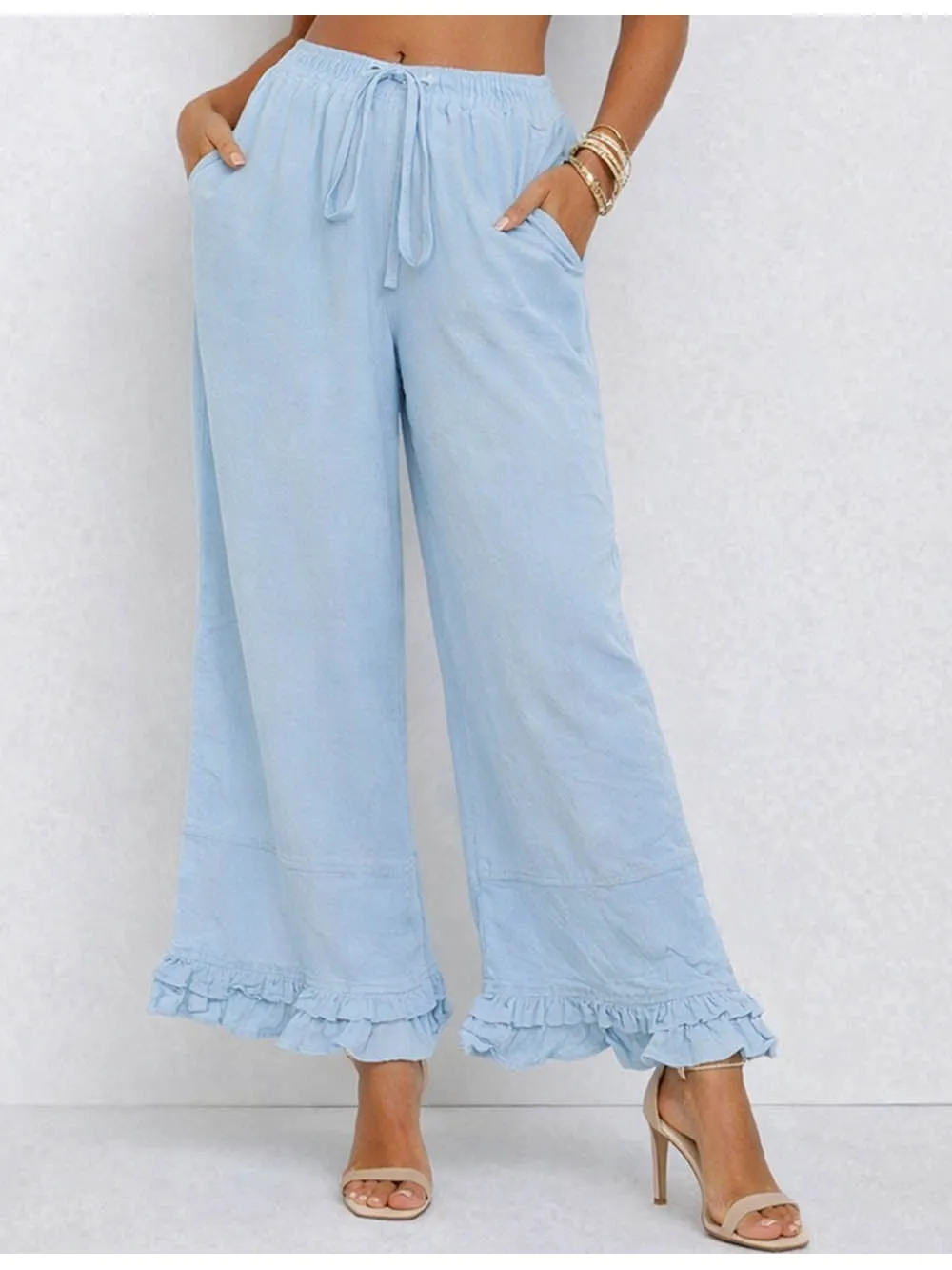 Elastic Waist Drawstring Ruffle Hem Wide Leg Pants