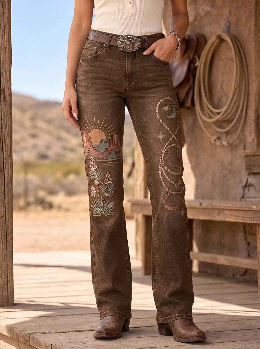Women's Classic Western Horseshoe Horse Cactus Desert Jeans
