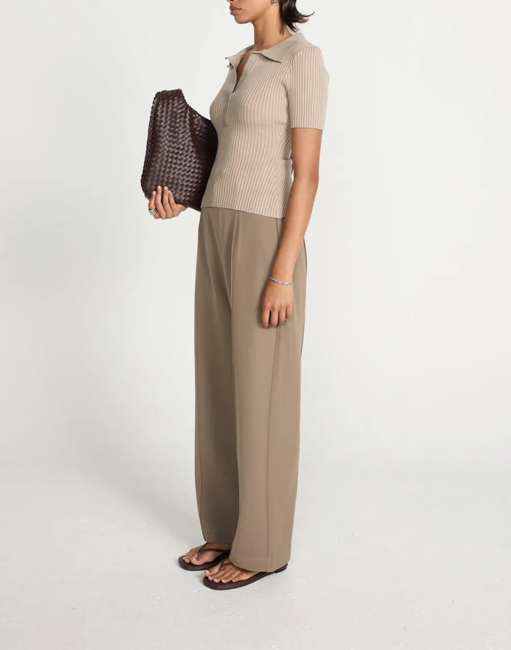 Cropped Ribbed Lapel Slim T-Shirt