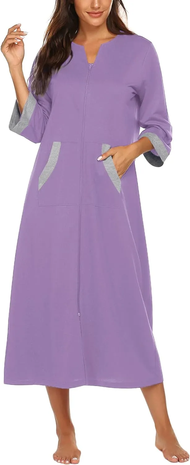 50% OFF Women Zipper Robe 3/4 Sleeves Loungewear Dress Full Length Sleepwear Pockets Housecoat Nightgown Long Bathrobe