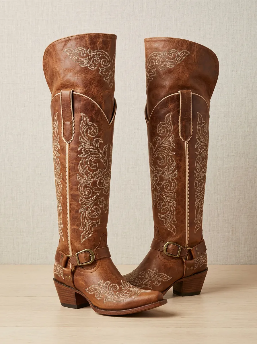 Women's Floral Embroidered Piped Block-Heel Stacked-Heel Western Denim Over-the-Knee Boots