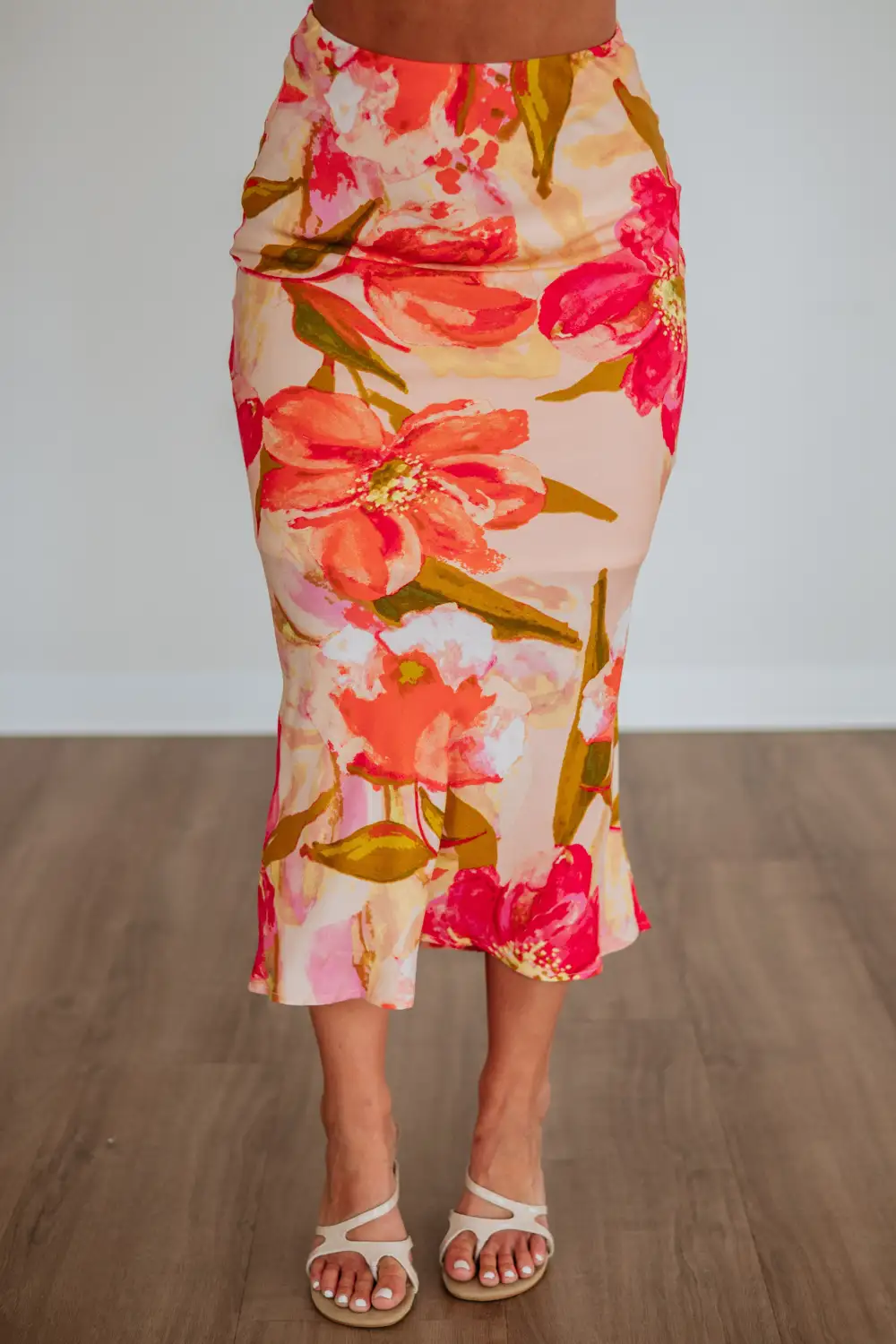 Floral Print Flared Hem Elastic Waist Midi Skirt