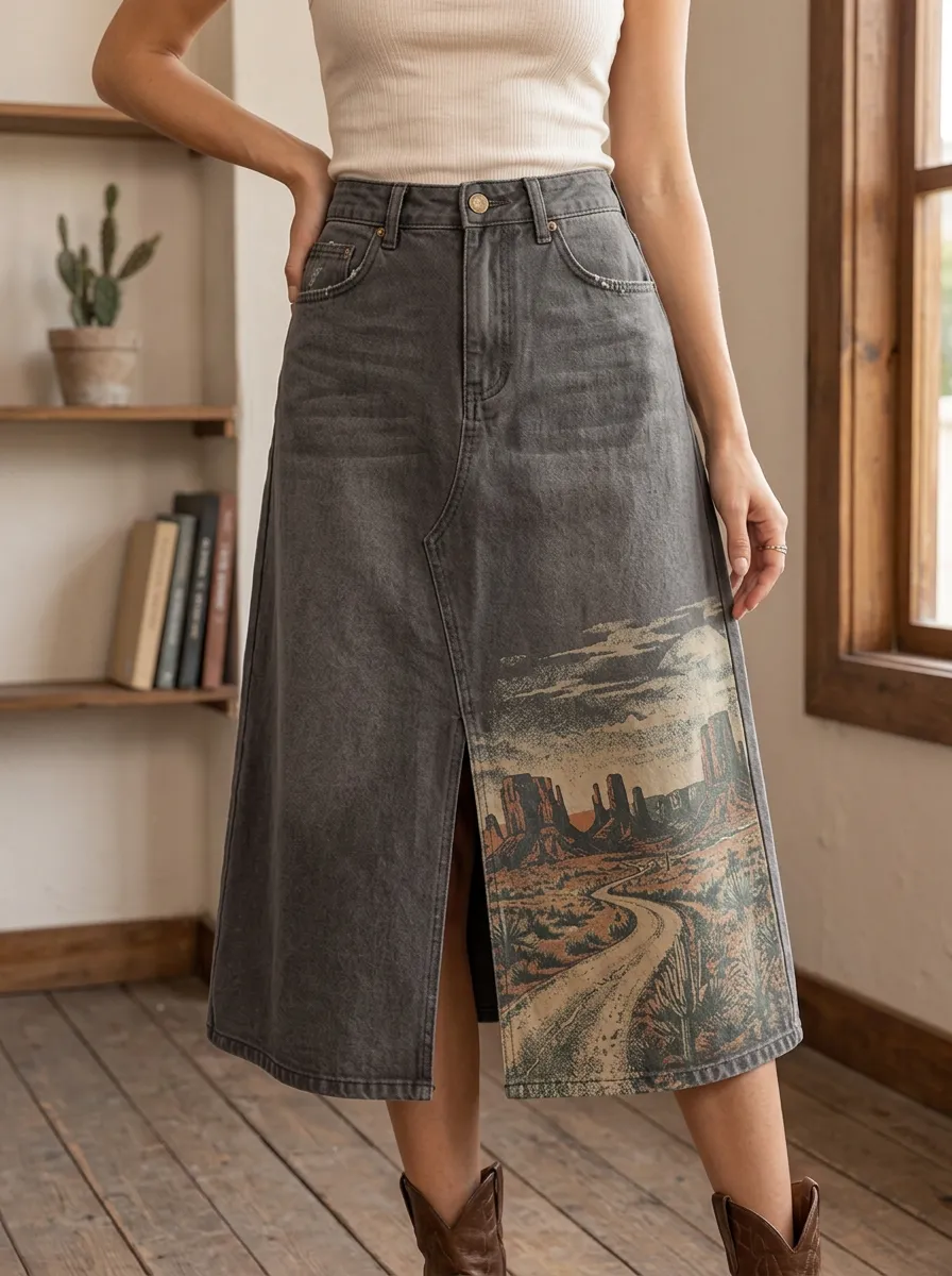 Women's Frontier Graphic Print Denim Midi Skirt