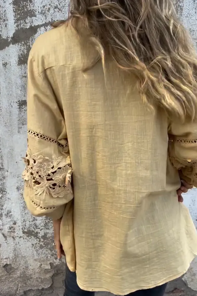 5PACK-Women'S Lace Stitching Cotton And Linen Shirt