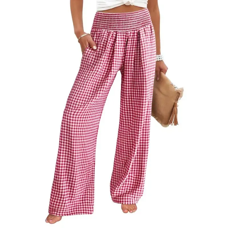Women's High-Waisted Casual Striped And Checkered Wide-Leg Pants
