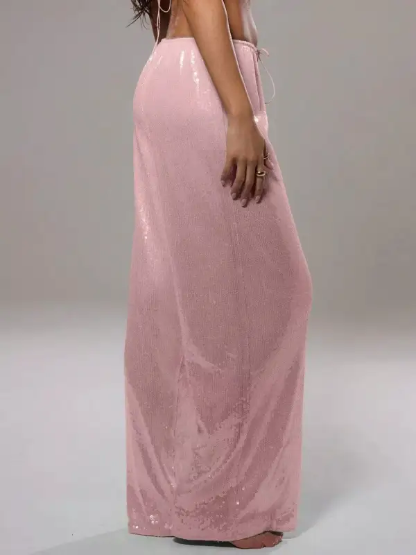 Sequin Wide Leg Drawstring Pocketed Pants