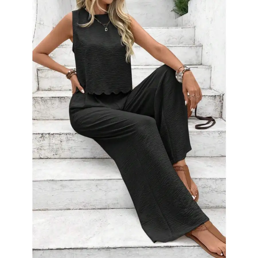 Tie Back Round Neck Top and Pants Set