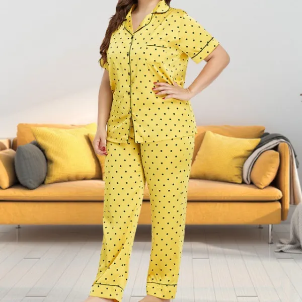 Two Piece Polka Dot Collared Shirt and Pants Pajama Set